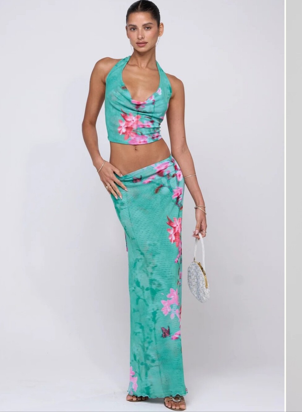 RESA NWT Sarah Skirt Set In Teal Floral Halter Crop Top with Matching Maxi
